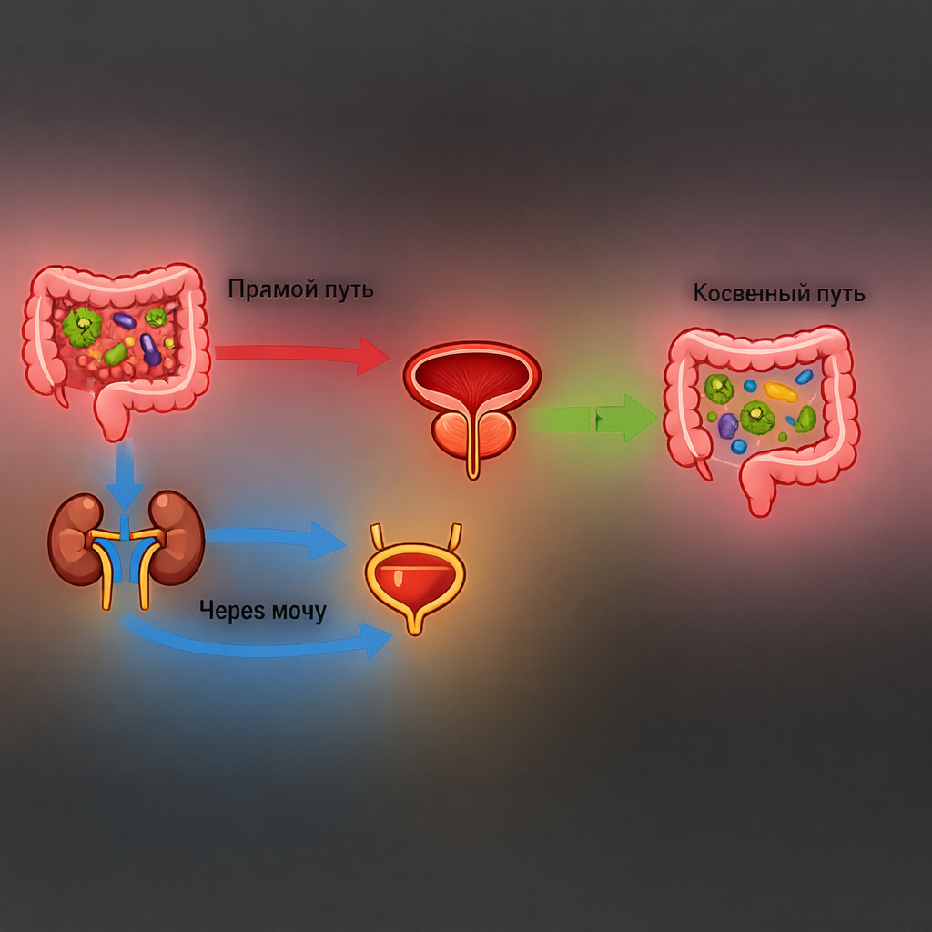 «Двойной удар. Вредные вещества из больного кишечника атакуют простату двумя путями: напрямую через стенку и опосредованно — через токсичную мочу. Здоровый кишечник, напротив, обеспечивает орган правильным питанием и защитой.»