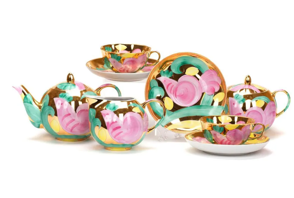 Чайный сервиз ручной росписи «Розовая птица» Дулевского фарфорового завода
