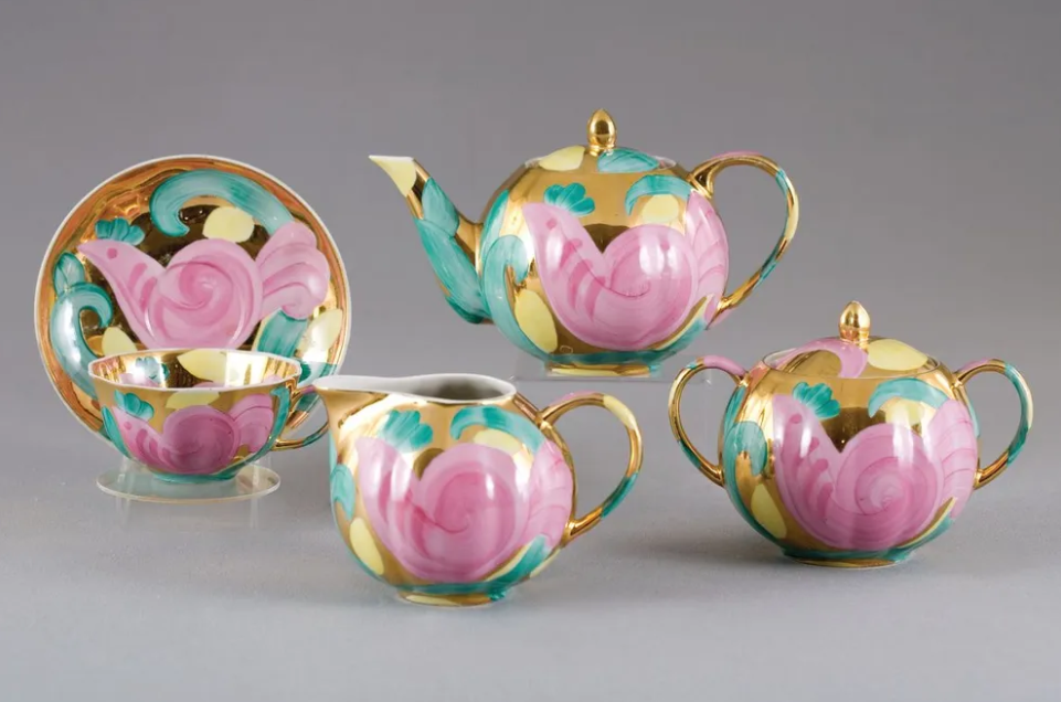 Чайный сервиз ручной росписи «Розовая птица» Дулевского фарфорового завода