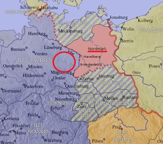 Северная марка (Nordmark) 965-983 гг выделена розовым цветом. Красным кругом показана территория, которая считалось Северной маркой в 936-950-х годах