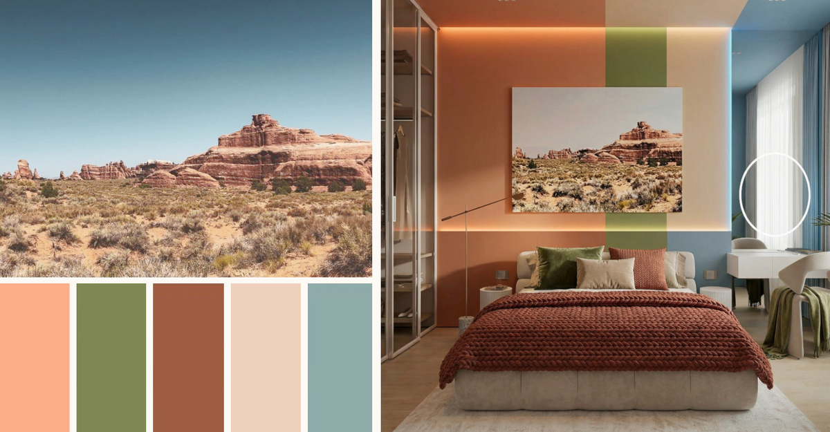 Интересная и ненавязчивая пустынная палитра в спальне.