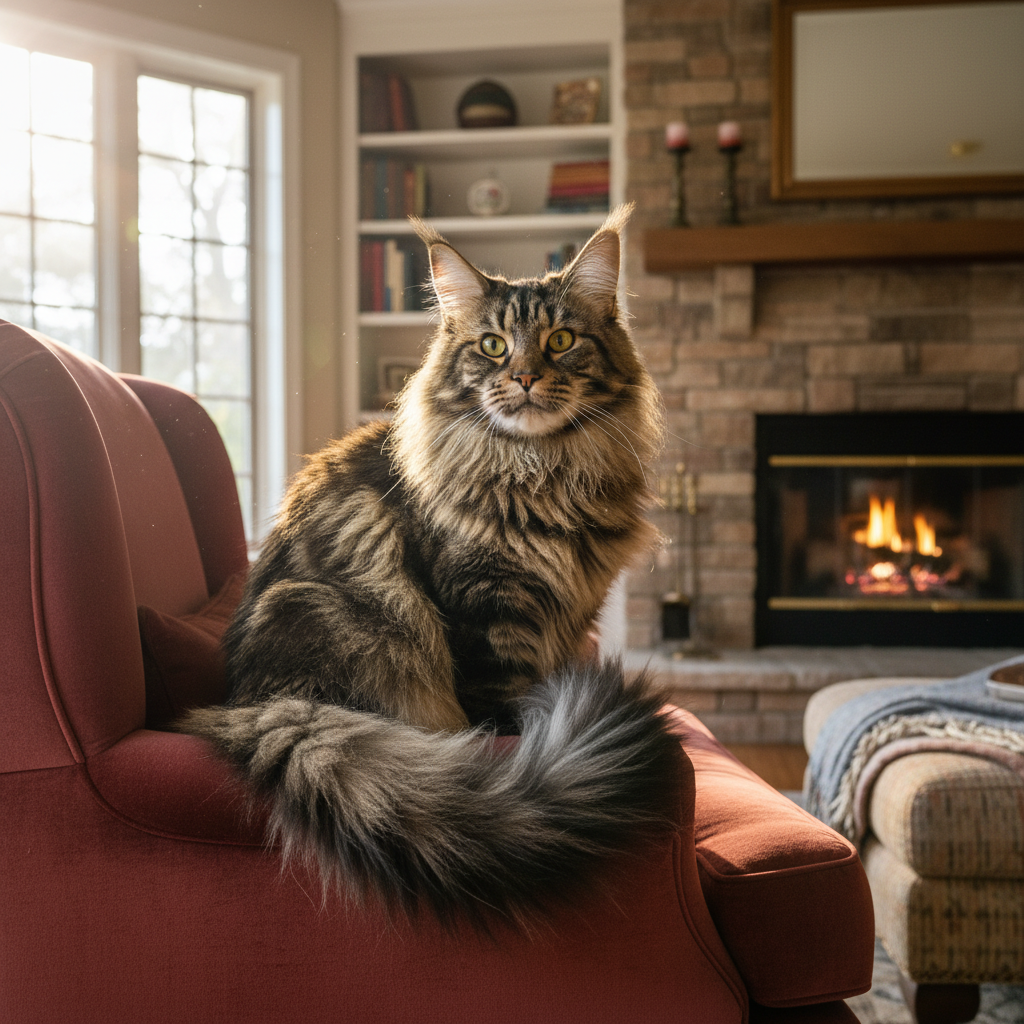 Мейн-кун — настоящая гордость среди домашних кошек, сочетающая величие и удивительное дружелюбие.