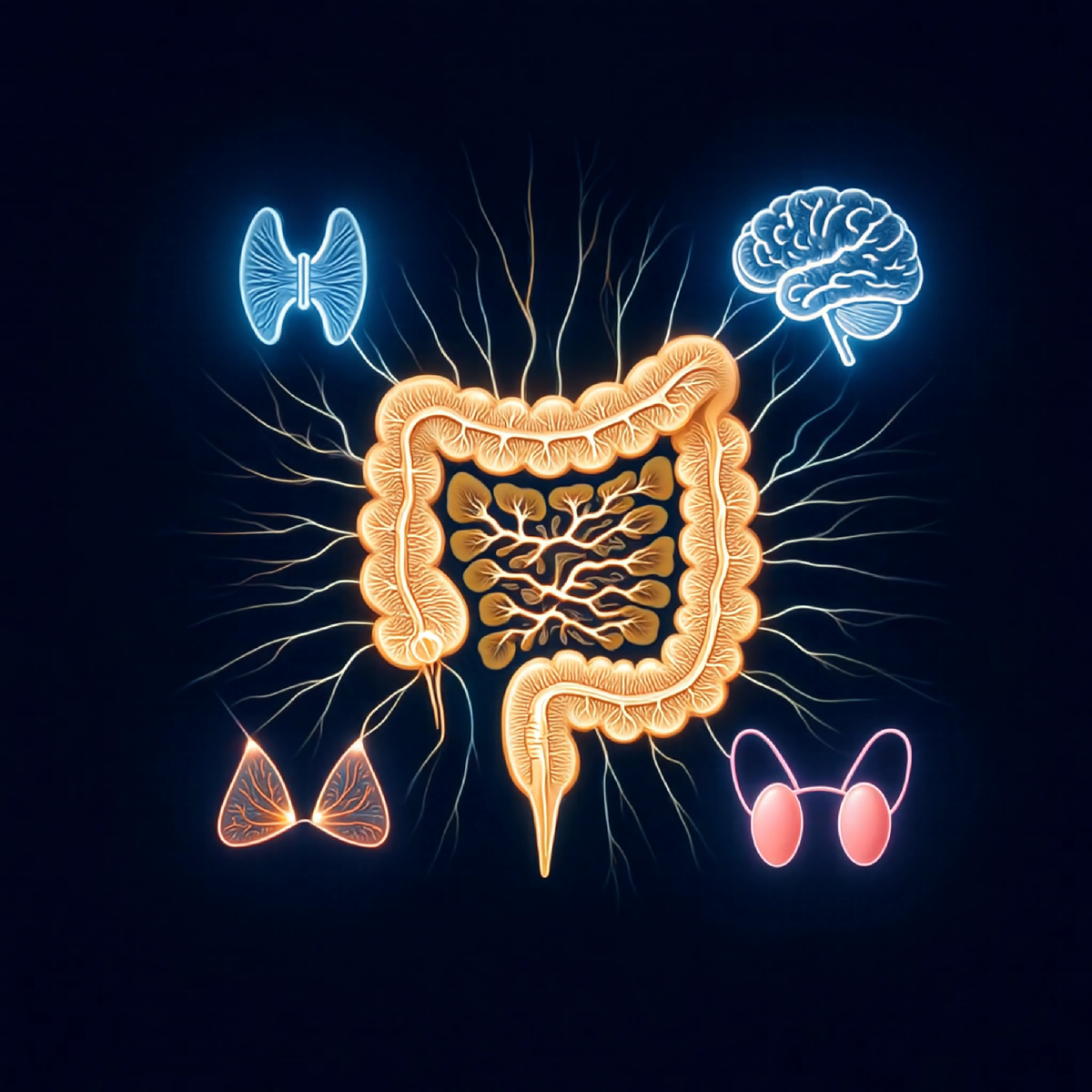 «Так выглядит настоящая эндокринная система. Это не набор разрозненных желёз, а единая сеть, в сердце которой — кишечник. Его благополучие определяет, насколько слаженно будет работать вся гормональная ось: от мозга до половых клеток.»
