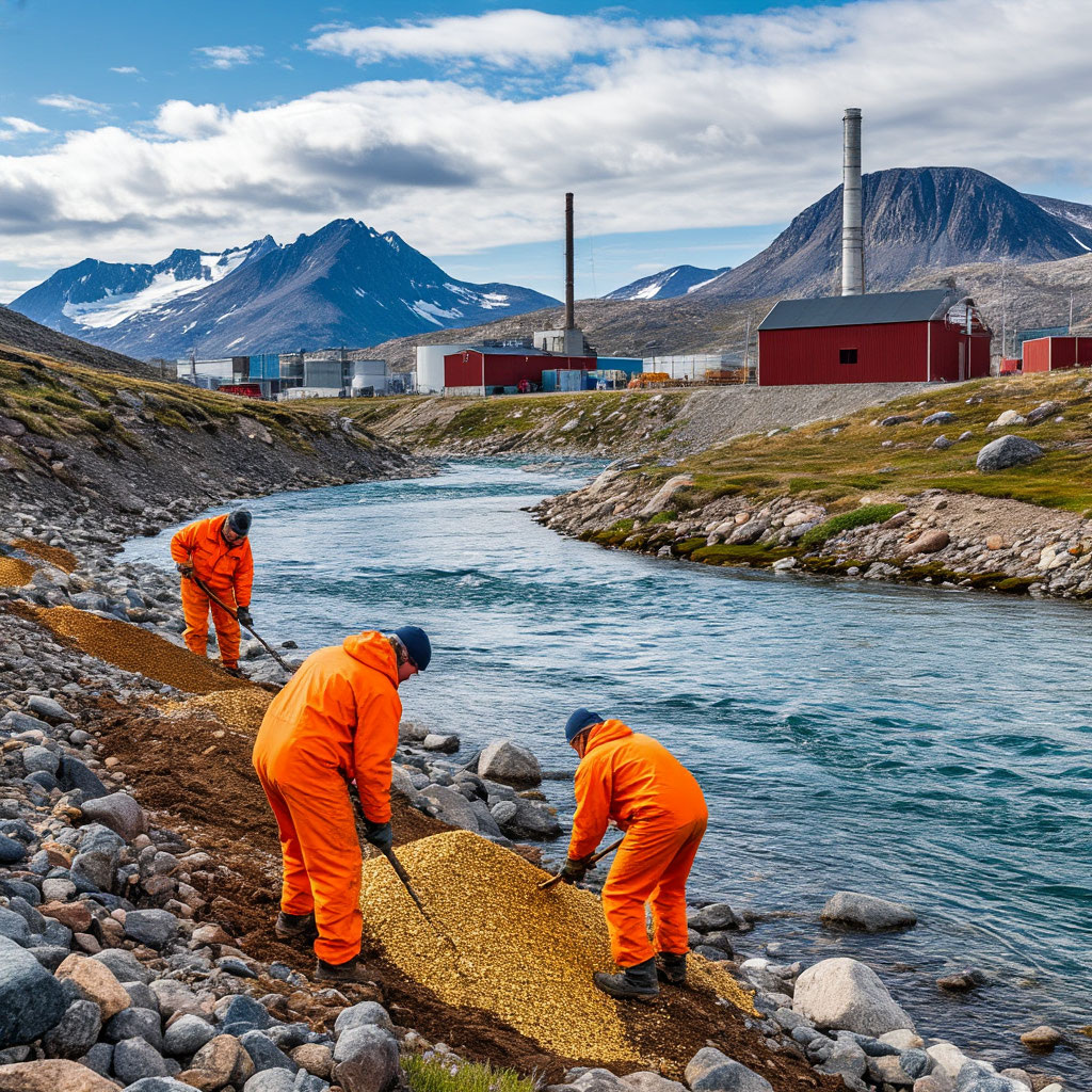 так выглядит добыча золота в гренландии по мнению нейронки))) люди в оранжевых костьюмах, рядом заводы
