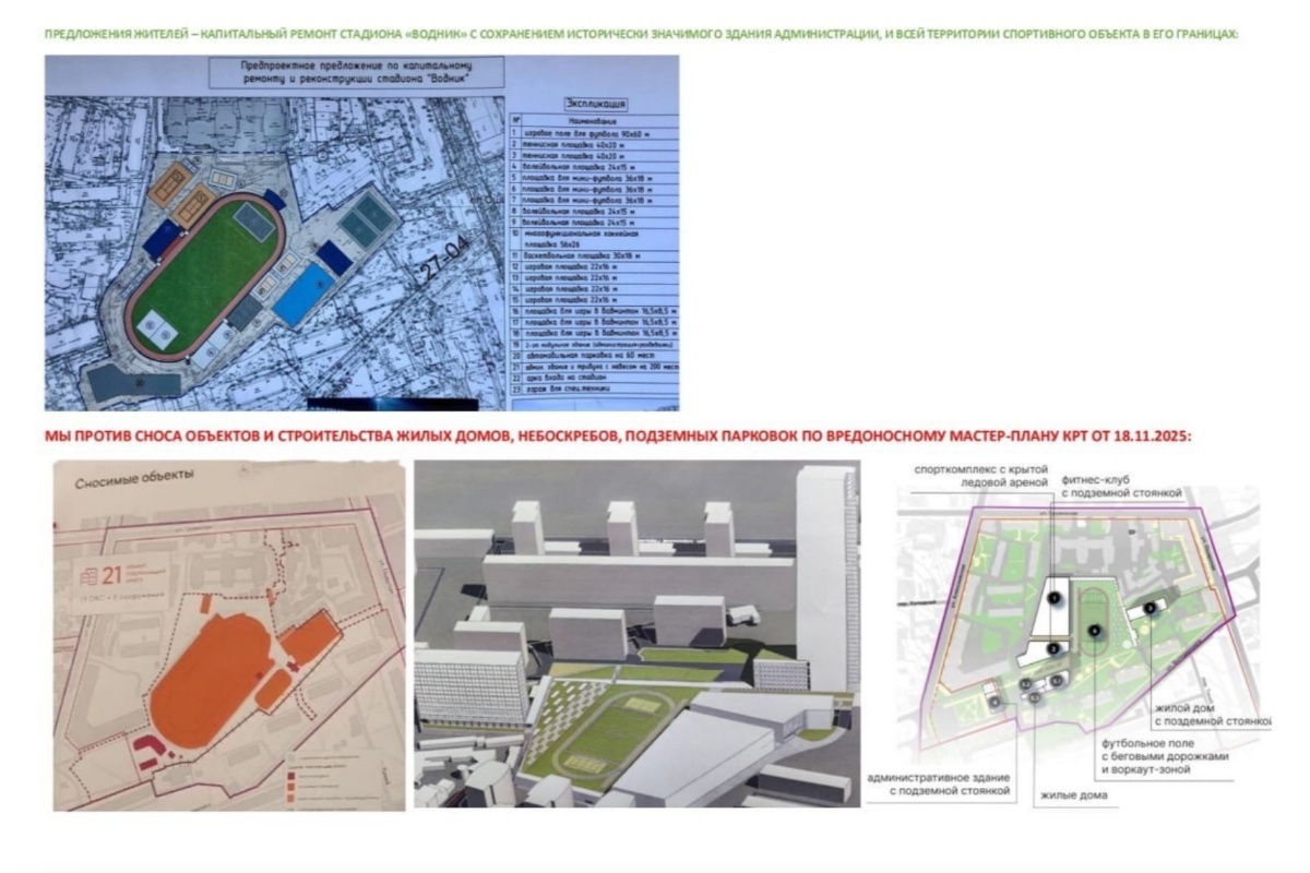    Проект, предусматривающий снос "Водника", и народное предложение по реконструкции существующего стадиона.