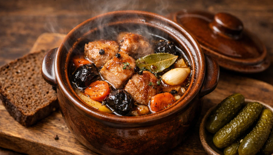 Жаркое из свинины с черносливом в горшочке: мясо томится в собственном соку и становится мягким