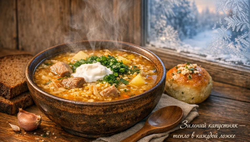 Когда за окном мороз, готовлю капустняк с пшеном и свининой — густой, сытный и согревающий