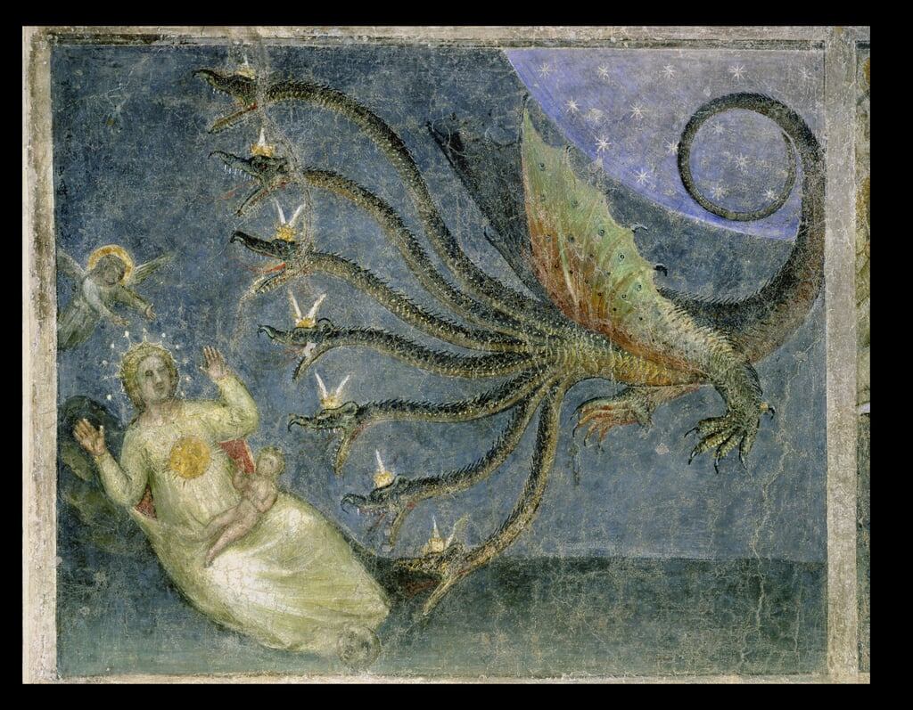 Джованни де Менабуои. Жена облеченная в солнце и семиглавый дракон из Апокалипсиса. 14 век.