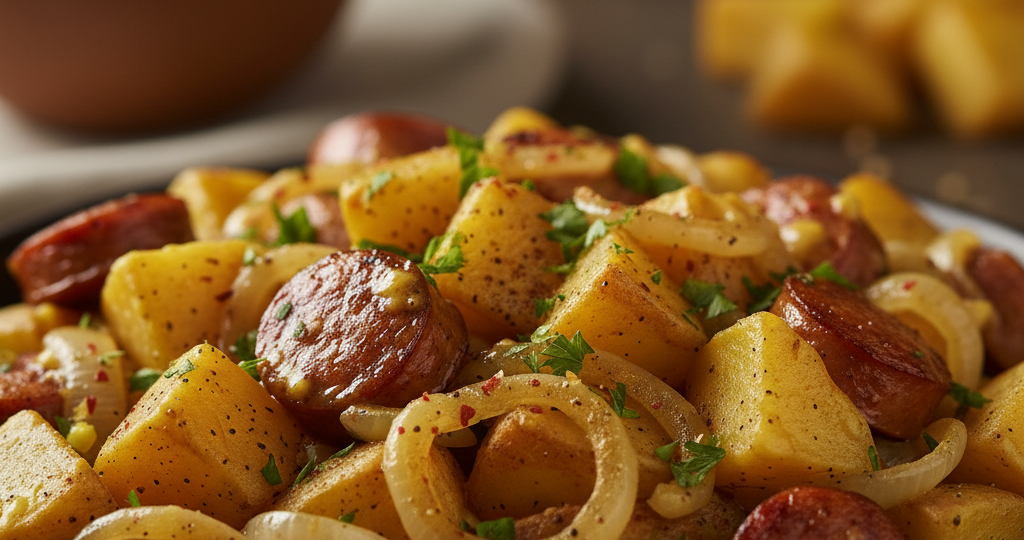 Быстрый и сытный ужин из картофеля с сосисками в горчичном соусе