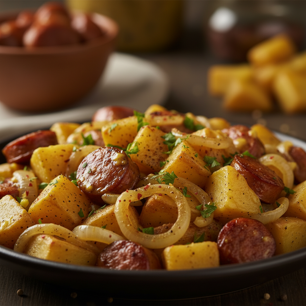 Ароматный картофель с сосисками и луком в горчичном соусе