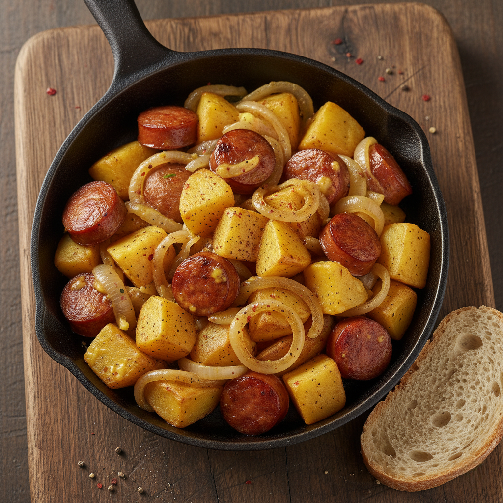 Ароматный картофель с сосисками и луком в горчичном соусе