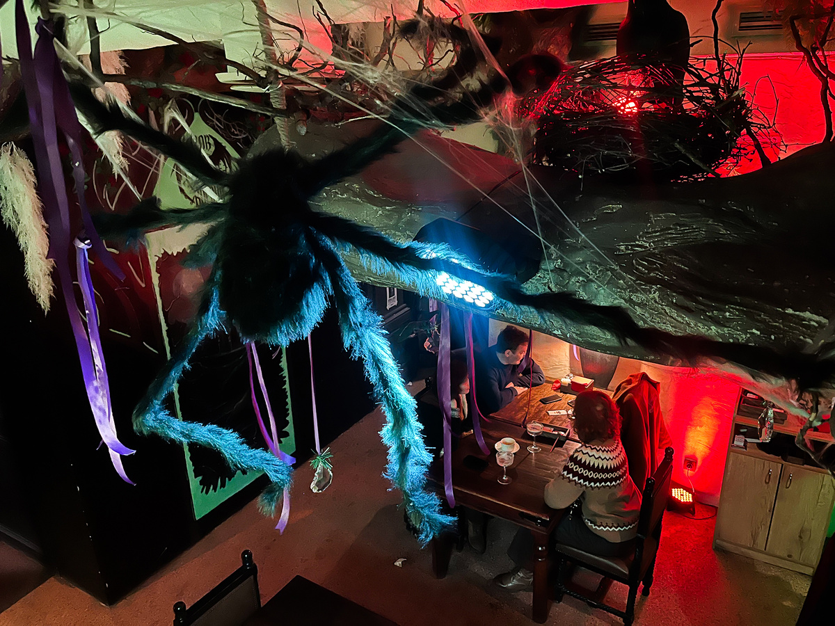 Пространство украшено огромными игрушечными пауками →