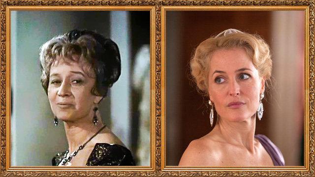 Ангелина Степанова и Джиллиан Ли Андерсон - исполнительницы роли Анны Павловны Шерер. Мне кажется, наша актиса точнее попадает в образ, созданный Толстым. А вы как считаете?