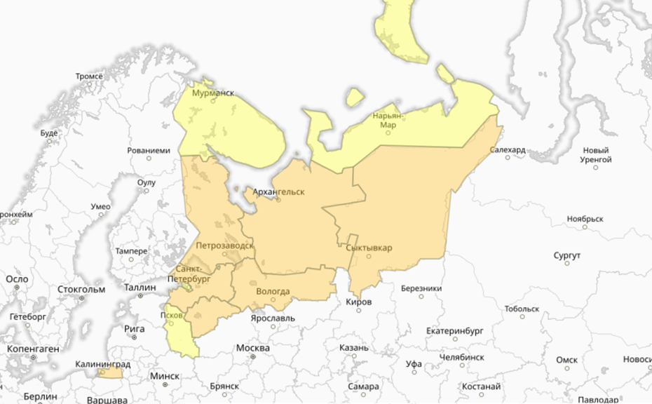    Прогностическая карта предупреждений для СЗФО Автор фото: meteoinfo.ru