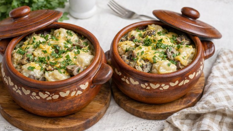 Пельмени в горшочках с грибами в духовке. 2 простых рецепта для сытного обеда или ужина