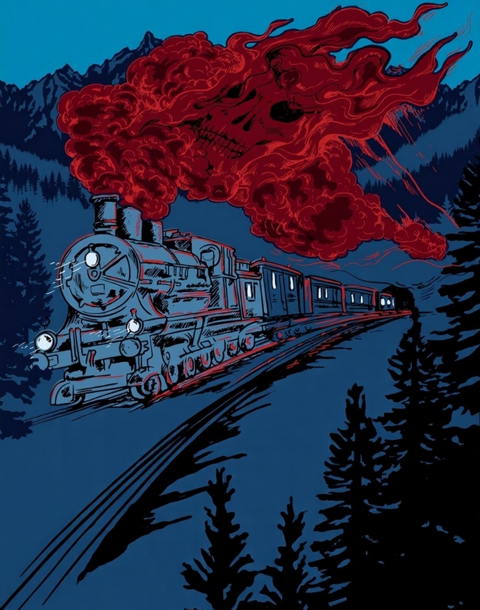 "Восточный экспресс" мчится, преодолевая заснеженные пространства, в кромешной тьме.