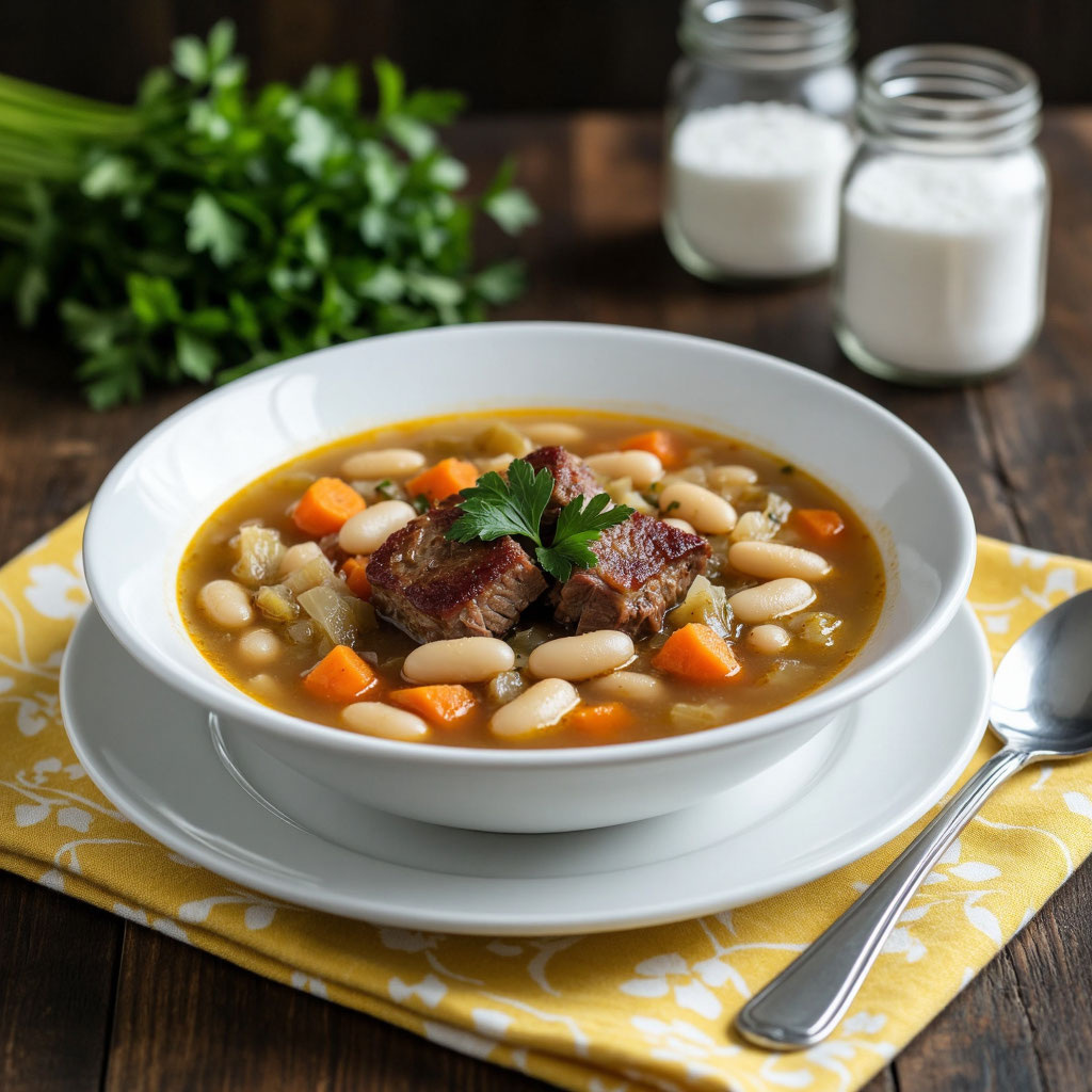 Сытный суп с копчёными рёбрышками, квашеной капустой и фасолью: пошаговый рецепт 🍲