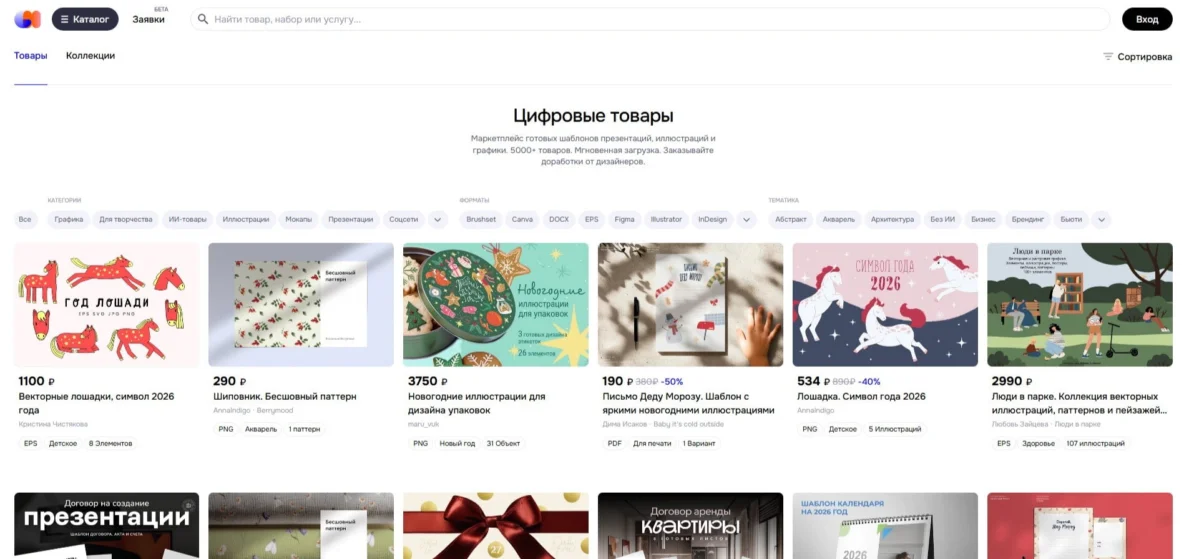 Любой пользователь может зайти и выбрать нужный товар для своих целей. Каждую неделю авторы добавляют новые товары в каталог. Благодаря их труду количество предложений для пользователя стремительно растет!