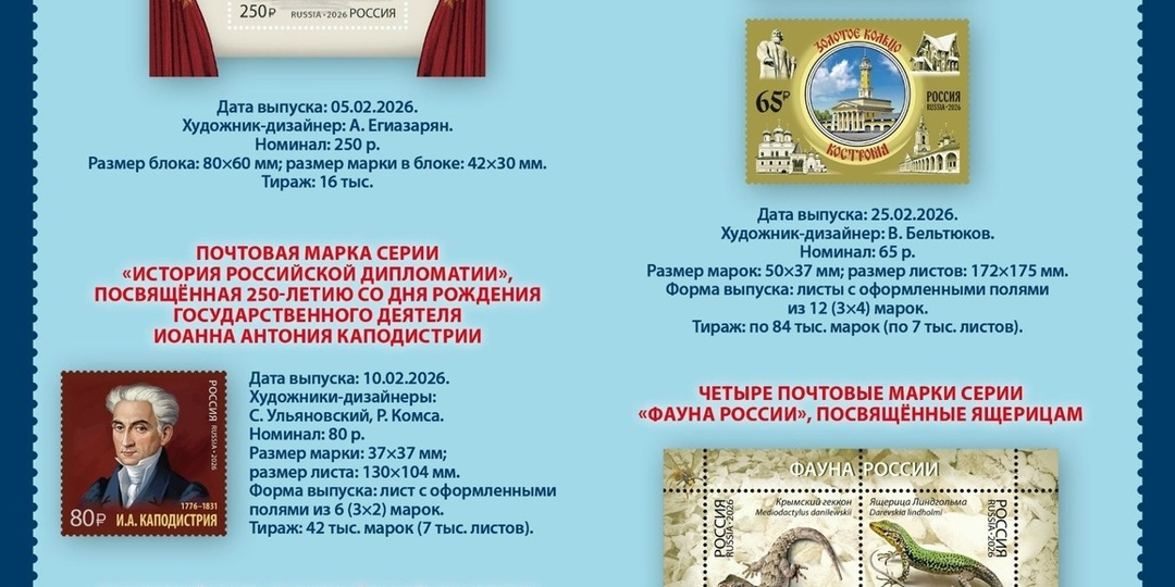 ВЫПУСК ПОЧТОВЫХ МАРОК В ФЕВРАЛЕ 2026 ГОД.