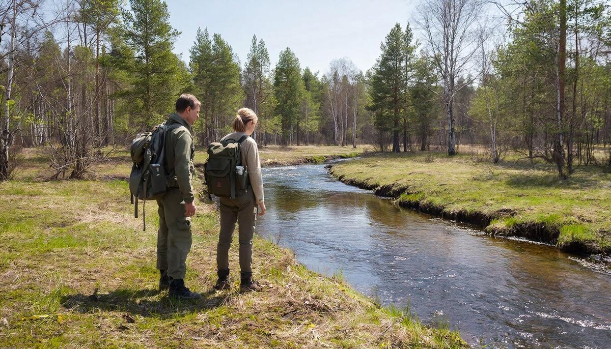 Путешественники возле реки.