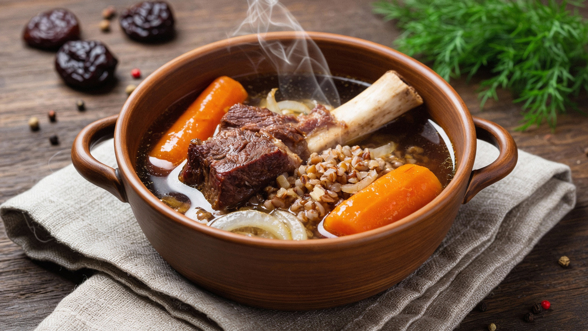     Фото: Recraft AI Черная поливка — традиционный сытный суп из крови, копченой грудинки, гречки, лука и моркови