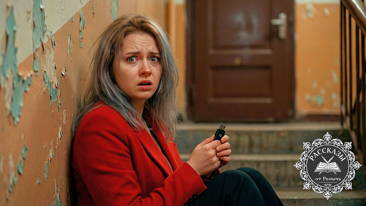 Женщина в красном пиджаке сидит на лестнице в подъезде, сжимая в руке флешку