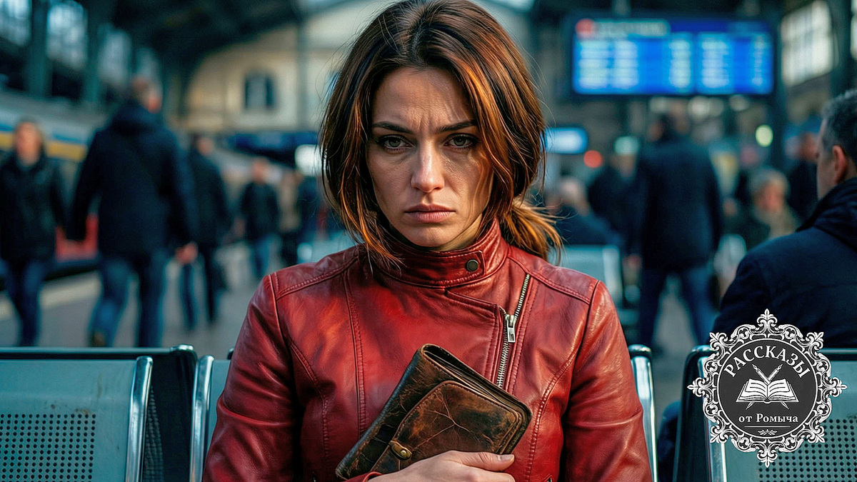 Молодая женщина в ярко-красной куртке сидит на ночном вокзале, сжимая в руках кошелек, на фоне размытого расписания поездов
