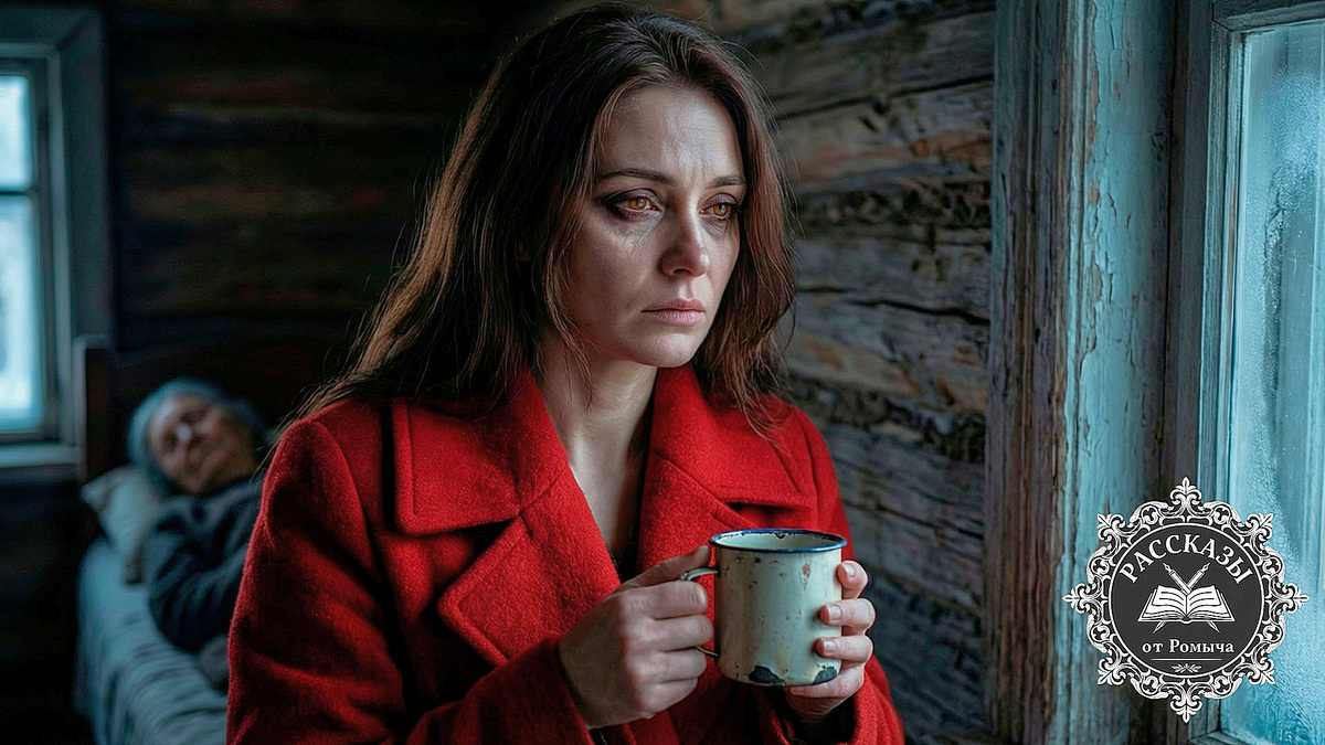 Женщина в красном пальто в старом деревенском доме смотрит в окно