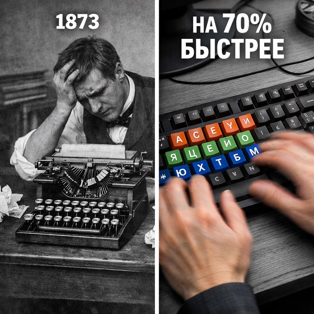 1873: QWERTY — замедляет печать, чтобы клавиши не заклинивали. 2025: всё ещё используем устаревшую раскладку