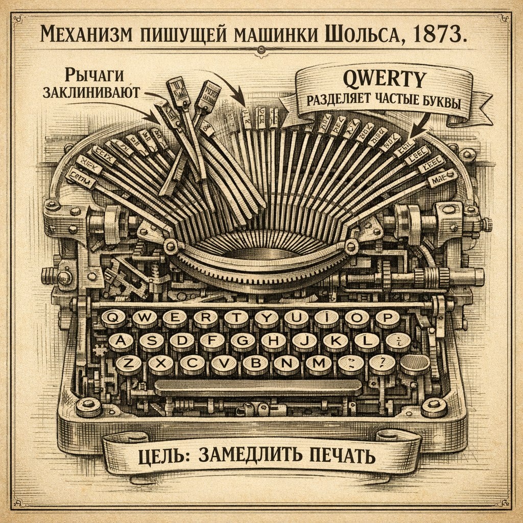 Механизм 1873: соседние клавиши заклинивают → QWERTY разносит частые буквы в разные концы