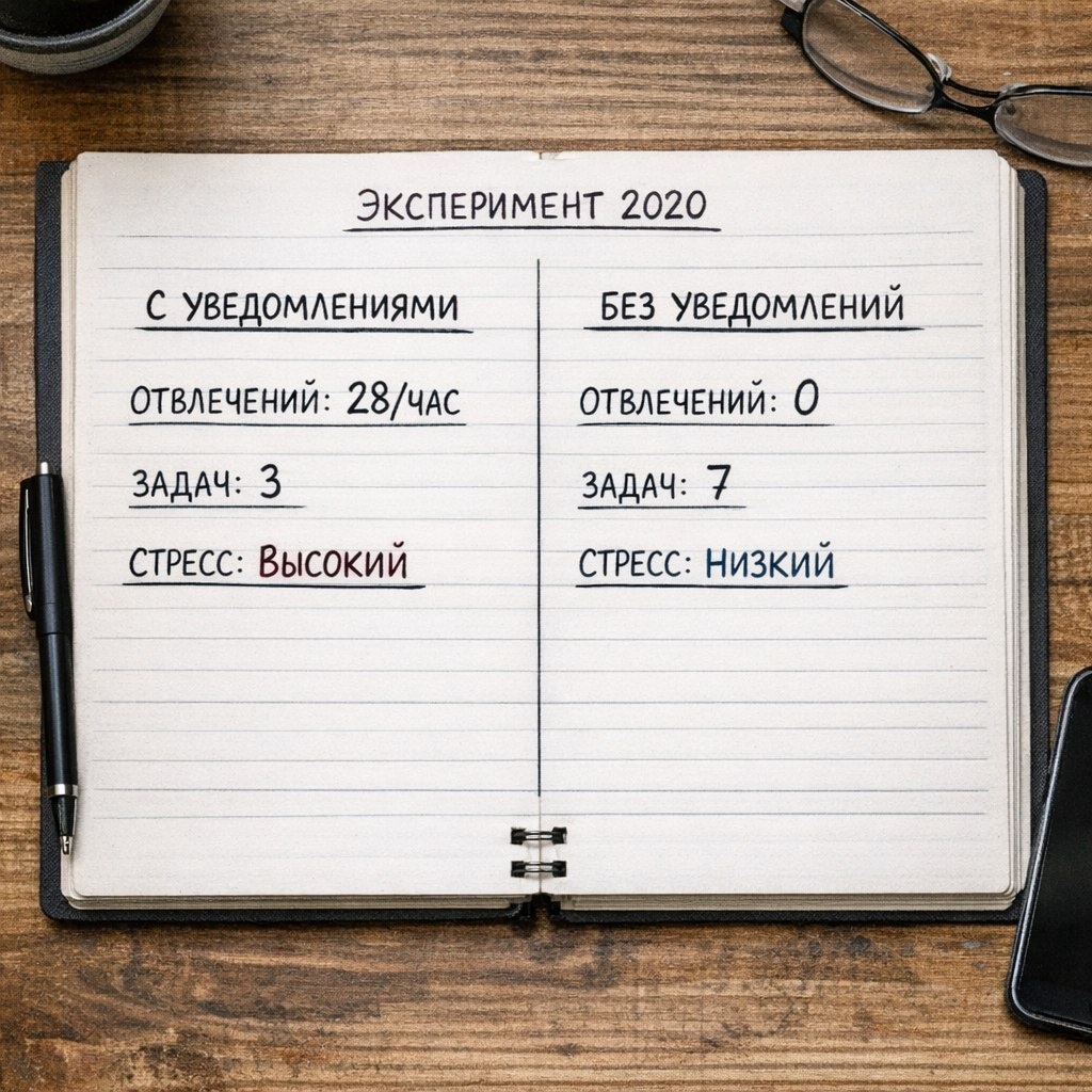 Эксперимент 2020: с уведомлениями — 28 отвлечений/час, 3 задачи. Без — 0 отвлечений, 7 задач