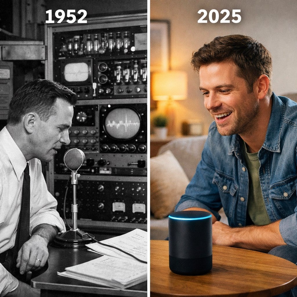 1952: "Audrey" распознаёт произнесённые цифры. 2025: Alexa "изобретает" голосовое управление