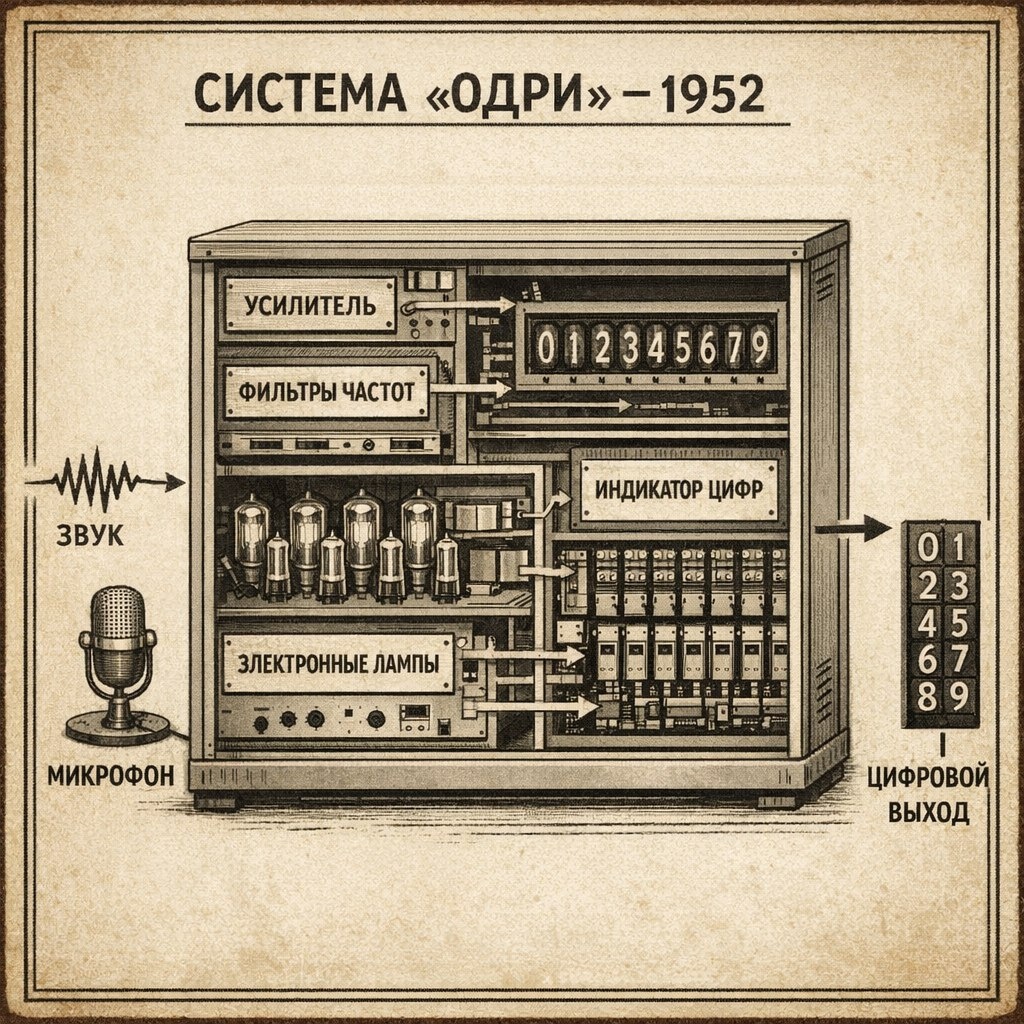 Схема "Audrey" 1952: микрофон → фильтры → электронные лампы → распознавание цифр 0-9