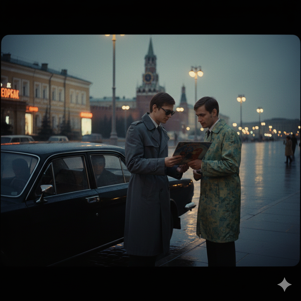 Кадр передает атмосферу риска и тайного обмена в самом сердце советской столицы.