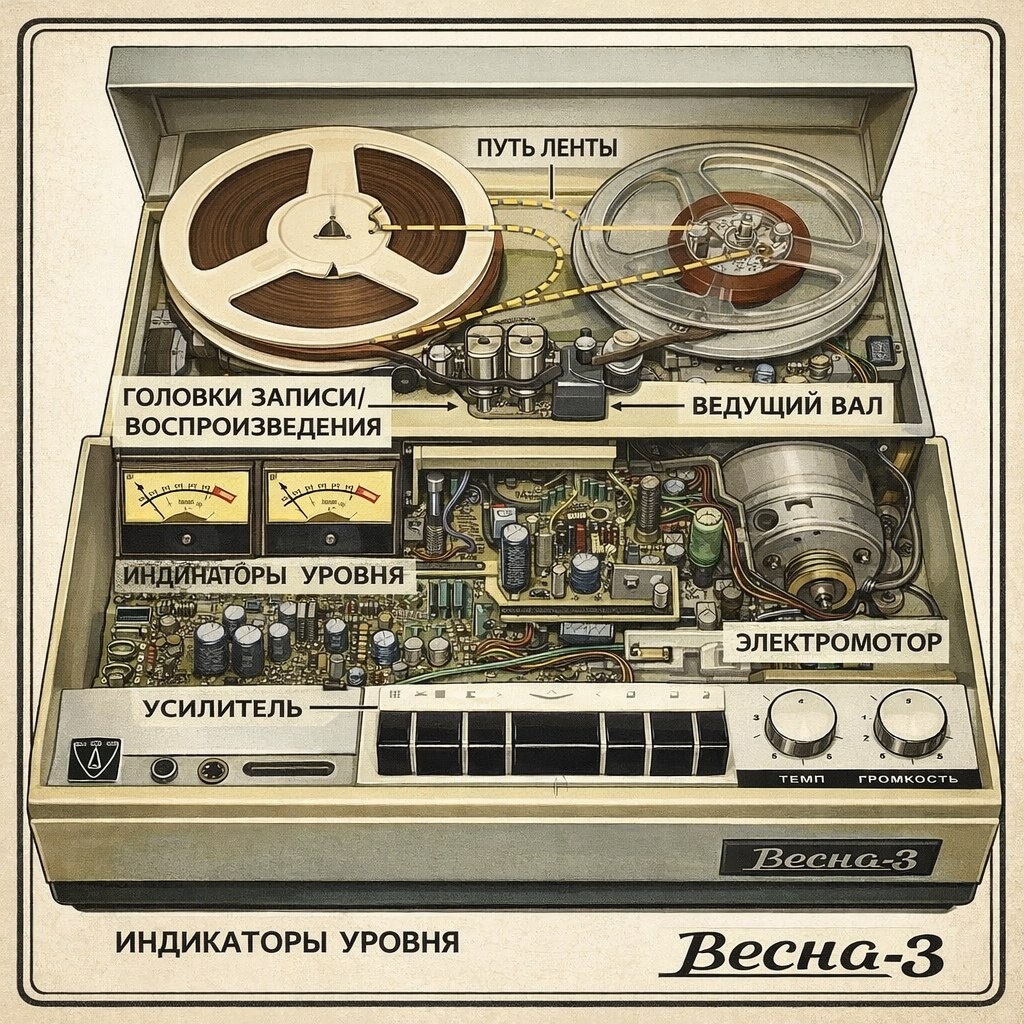 Конструкция Весны-3: магнитная лента, головки записи, мотор — аналоговая точность без цифрового сжатия