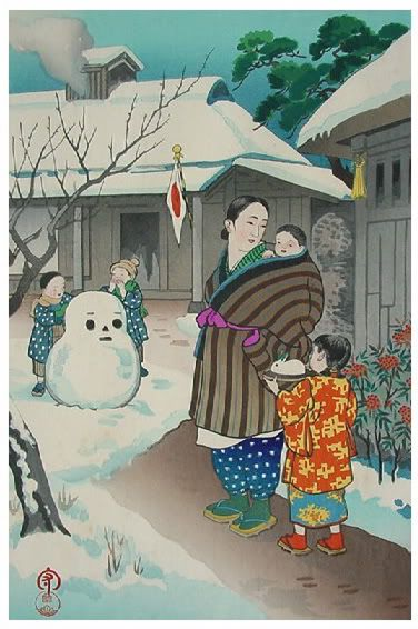 Японские дети лепят снеговика Даруму. Hiyoshi Mamoru, 1950
