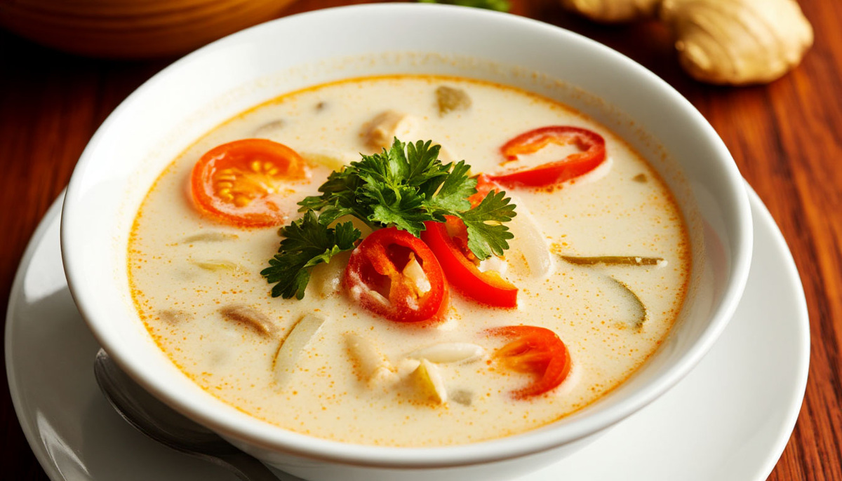 🍲 Тайский кокосовый суп Том Кха по-ростовски: вместо кокосового молока — сливки 10%, вместо галангала — имбирь.