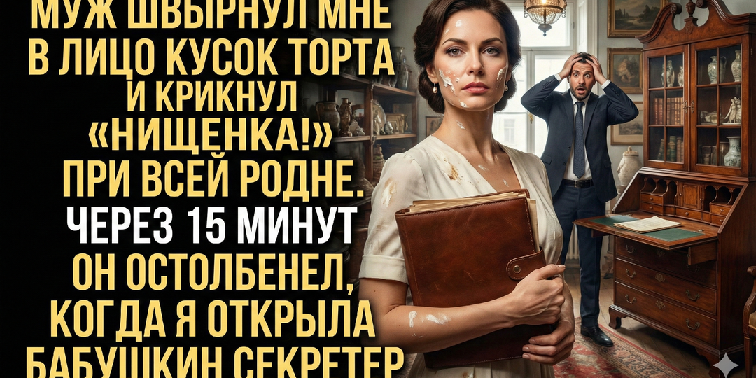 Муж швырнул мне в лицо кусок торта и крикнул «Нищенка!» при всей родне. Через 15 минут он остолбенел, когда я открыла бабушкин секретер