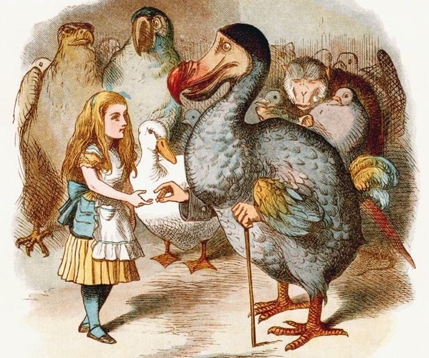 Птица Додо вручает приз Алисе. Иллюстрация к книге «Приключения Алисы в стране чудес» (Источник изображения: https://ru.wikipedia.org/wiki/Додо_(Алиса_в_Стране_чудес)#/media/Файл:Alice_and_Dodo_(cropped).jpg)