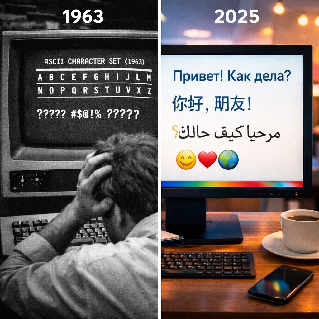 1963: ASCII — только английский, русский = кракозябры. 2025: Unicode — все языки работают, война кодировок закончена