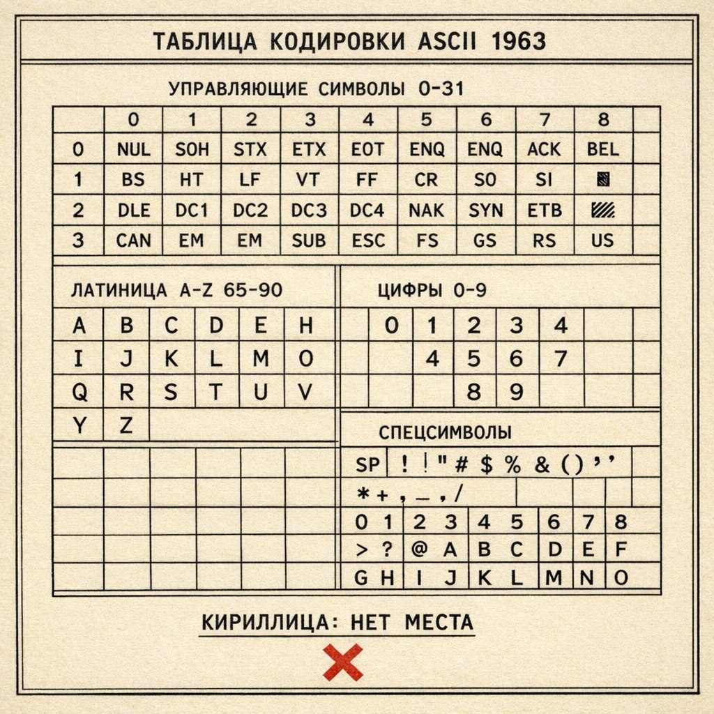 ASCII 1963: 128 символов, только английский, кириллице нет места — половина мира отрезана от компьютеров