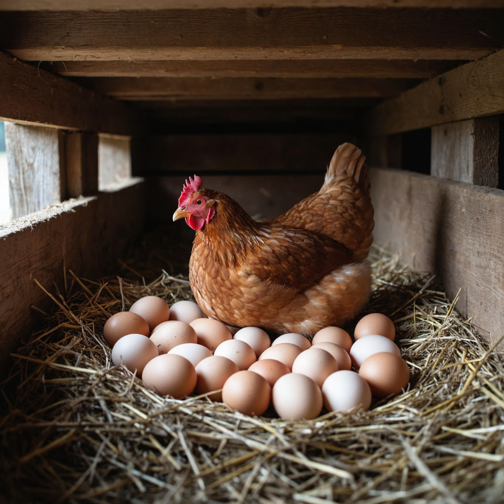 кура несется в гнезде 