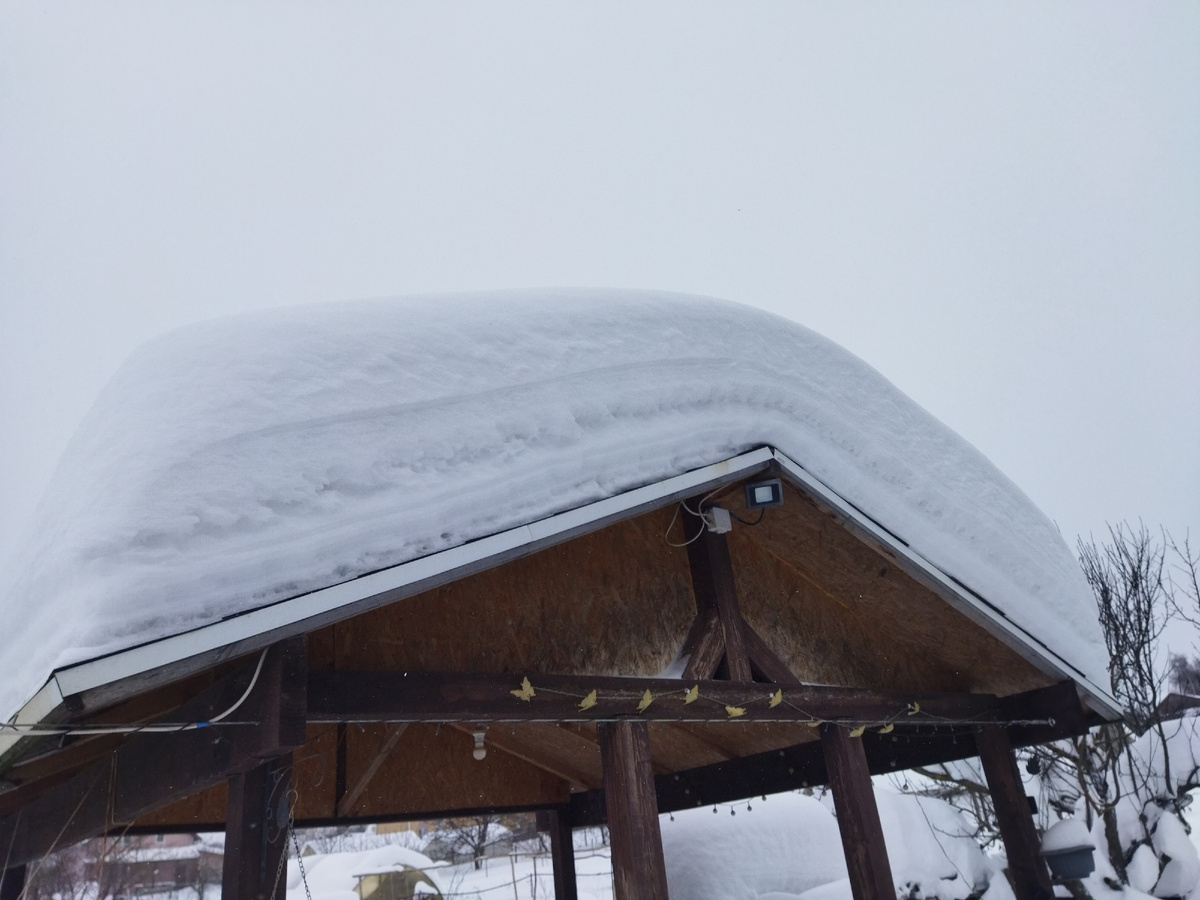 Вот такой слой снега на крыше беседки