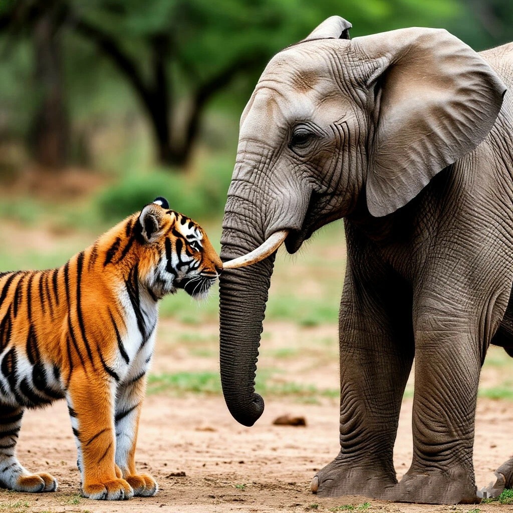 Слон что-то настойчиво шепчет гордому тигрёнку. 