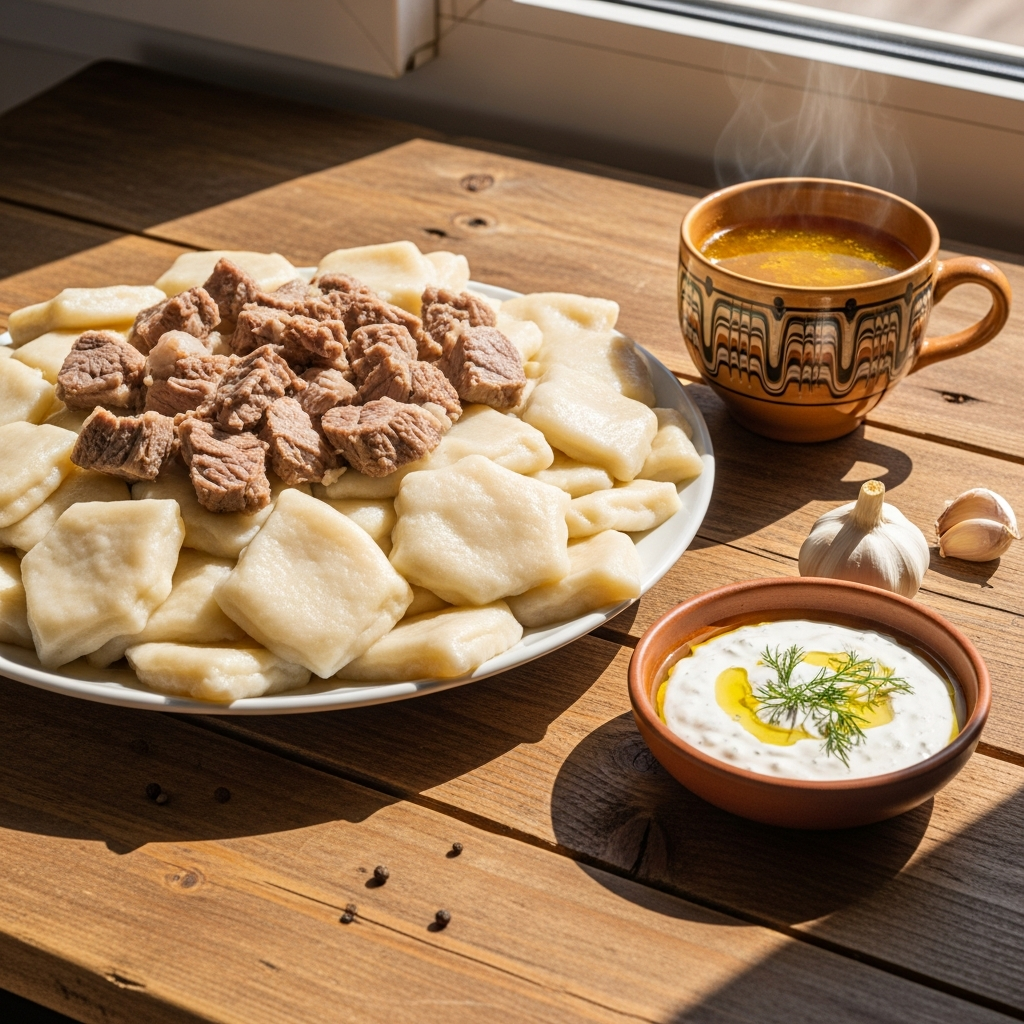Традиционная подача Аварского хинкала: пышные ромбики теста, сочная телятина и ароматный бульон
