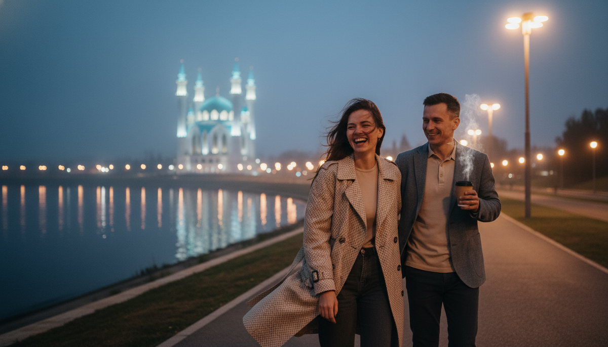 Современная набережная Казани вечером с подсветкой, счастливая пара гуляет у реки, вид на мечеть Кул-Шариф, комфортная городская среда