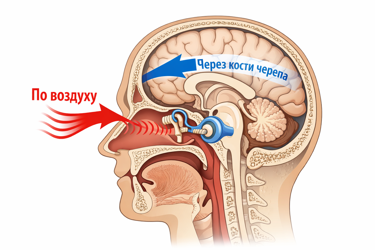 Схематичный разрез головы, где двумя цветными стрелками показаны два пути звука: красная (через воздух к уху) и синяя (через вибрации костей черепа).