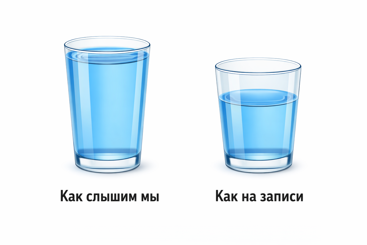 Простая аналогия: два одинаковых стакана с жидкостью. В одном — жидкость до краев (звук, который слышим мы). В другом — жидкость лишь наполовину (звук на записи).