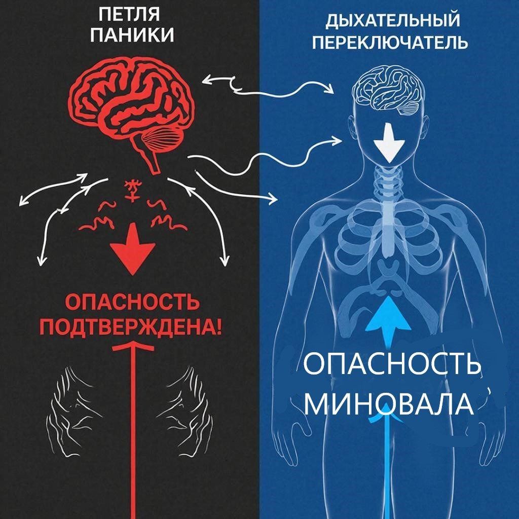 1. Слева: Схема «Петля паники». Иллюстрация: мозг (активная амигдала) -> тело (учащенное сердцебиение, поверхностное дыхание, напряженные мышцы) -> обратная связь в мозг («Опасность подтверждена!»).
Справа: Схема «Дыхательный переключатель». Иллюстрация: глубокий медленный выдох -> диафрагма массажирует блуждающий нерв -> сигнал в мозг («Опасность миновала») -> тело (сердцебиение замедляется, мышцы расслабляются)