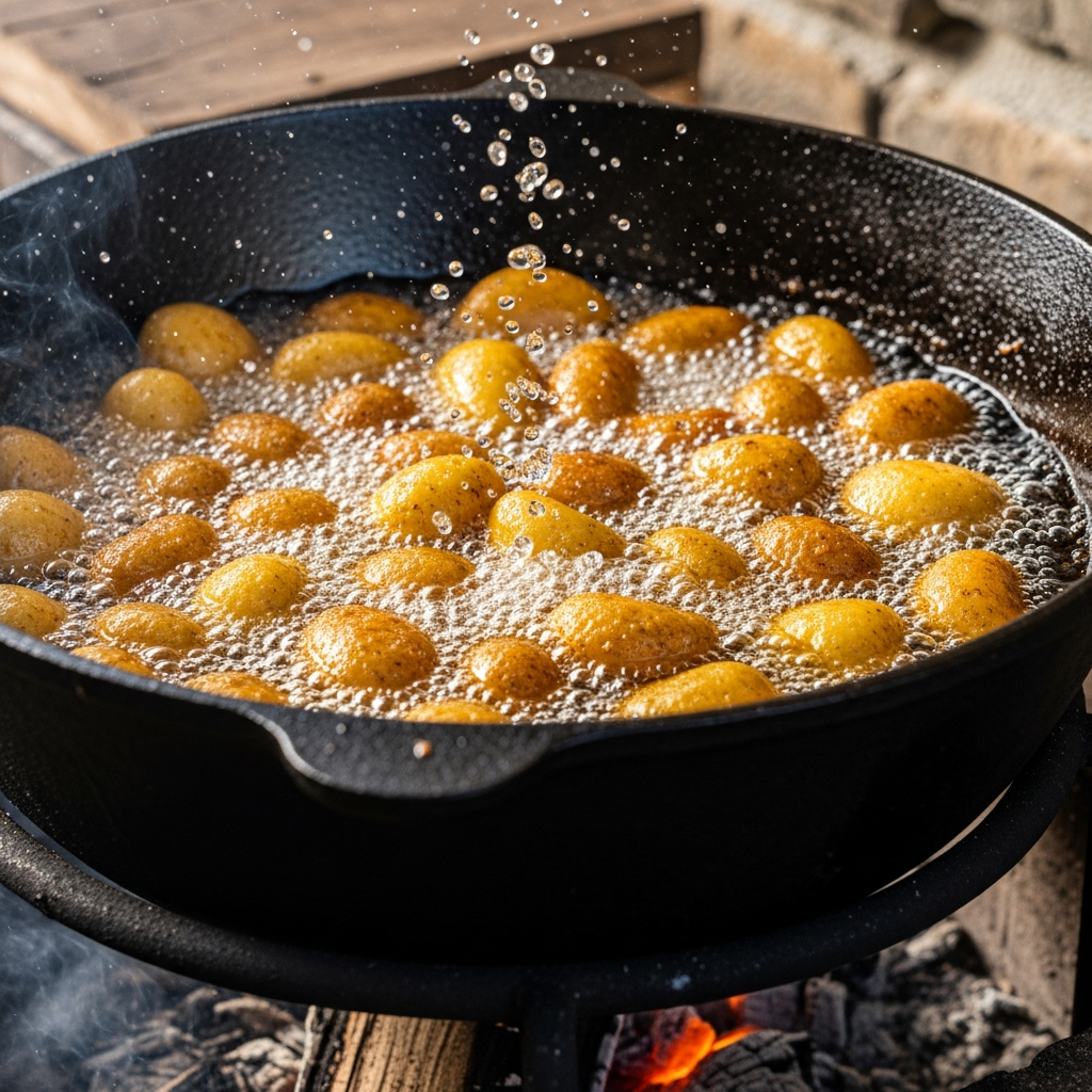 Обжариваем картофель до уверенной румяности. Это создаст «панцирь», который сохранит сочность внутри.